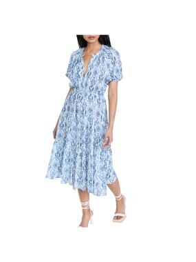 Playa Flowy Ikat Blue Print Lucila Dress Size XS